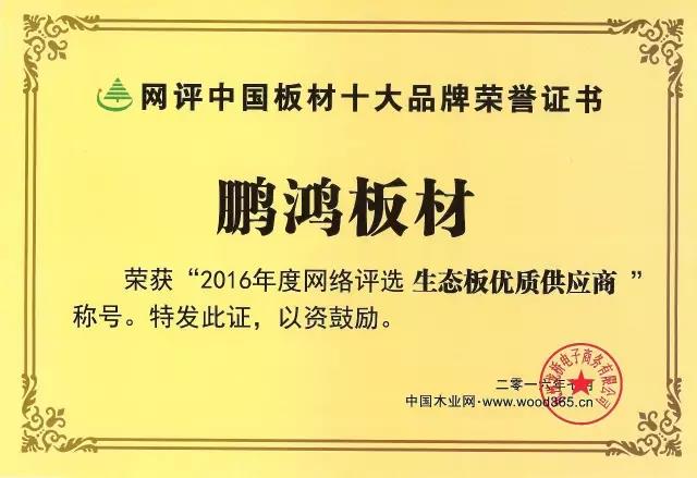 鵬鴻實(shí)力再獲肯定，蟬聯(lián)木業(yè)網(wǎng)2017年度“生態(tài)板十大品牌”