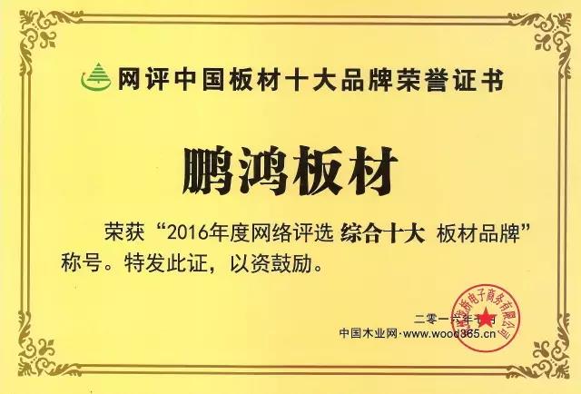 鵬鴻實(shí)力再獲肯定，蟬聯(lián)木業(yè)網(wǎng)2017年度“生態(tài)板十大品牌”